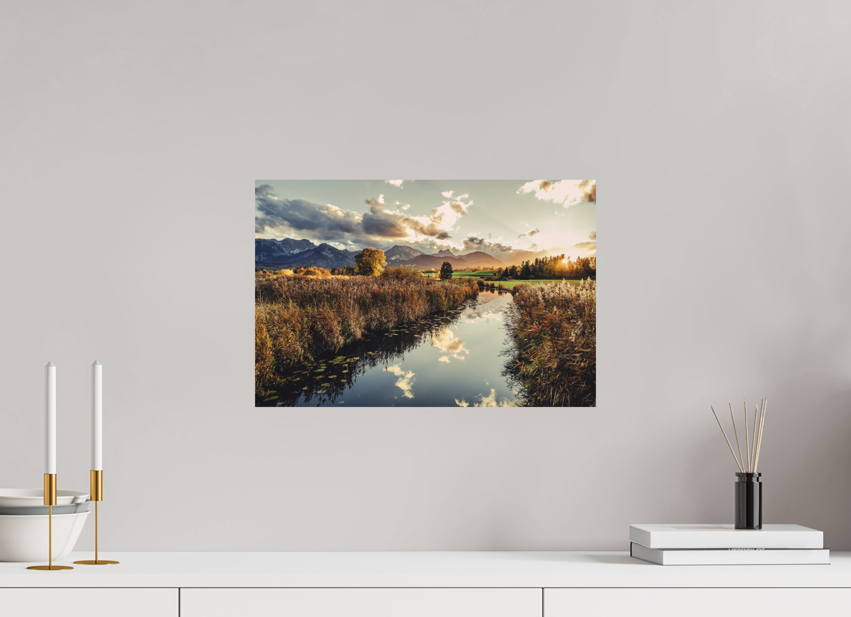 45 x 30 cm, Foto Druck auf Alu Dibond Hopfensee im Allgäu - goldener Herbst in der Abendstimmung