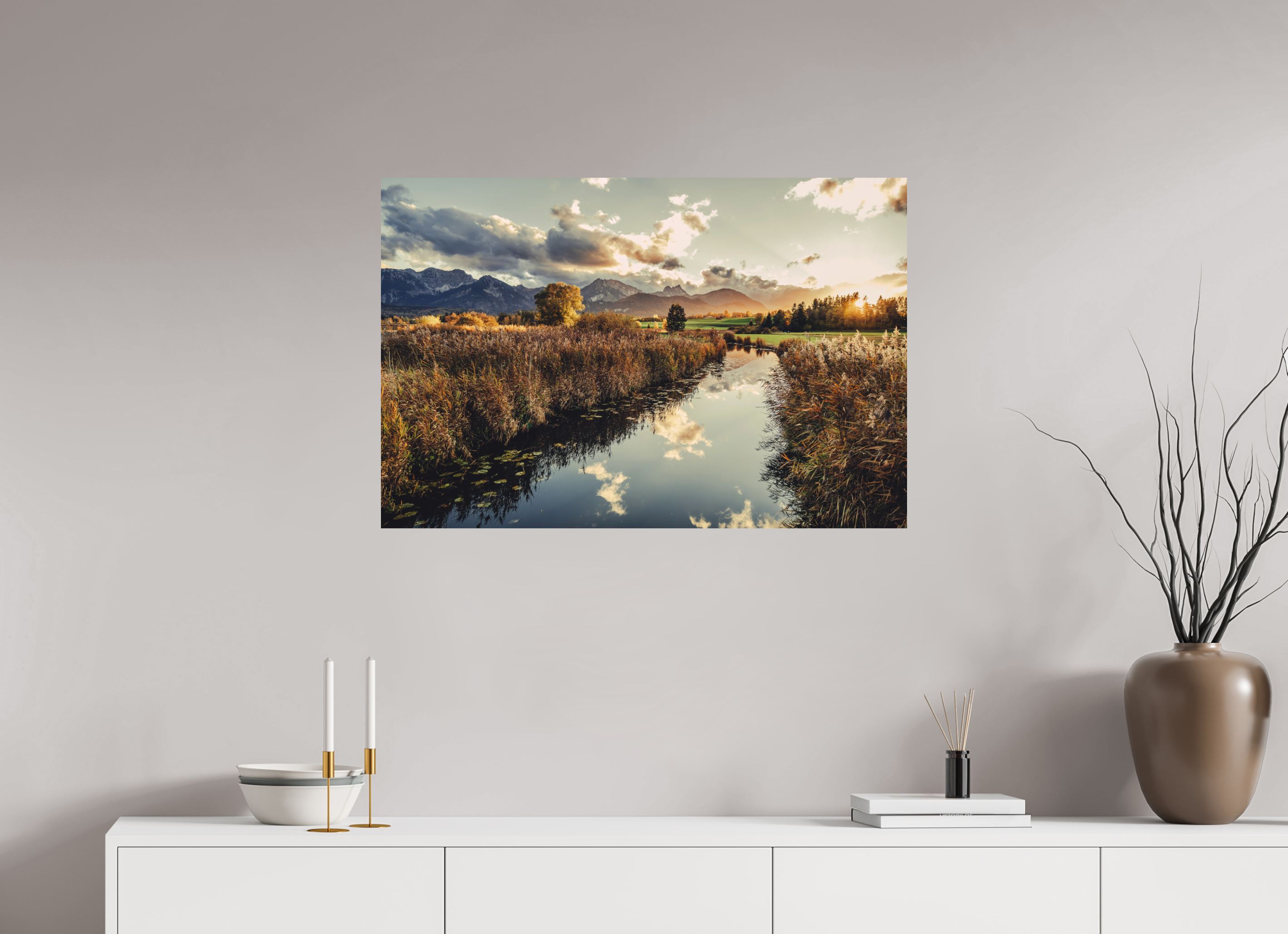 90 x 60 cm, Foto Druck auf Alu Dibond Hopfensee im Allgäu - goldener Herbst in der Abendstimmung