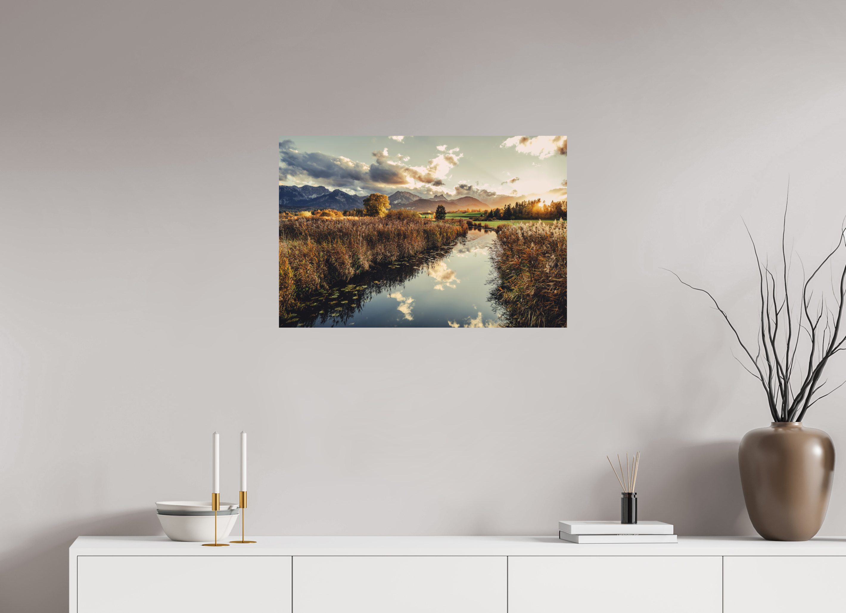 75 x 50 cm, Foto Druck auf Alu Dibond Hopfensee im Allgäu - goldener Herbst in der Abendstimmung