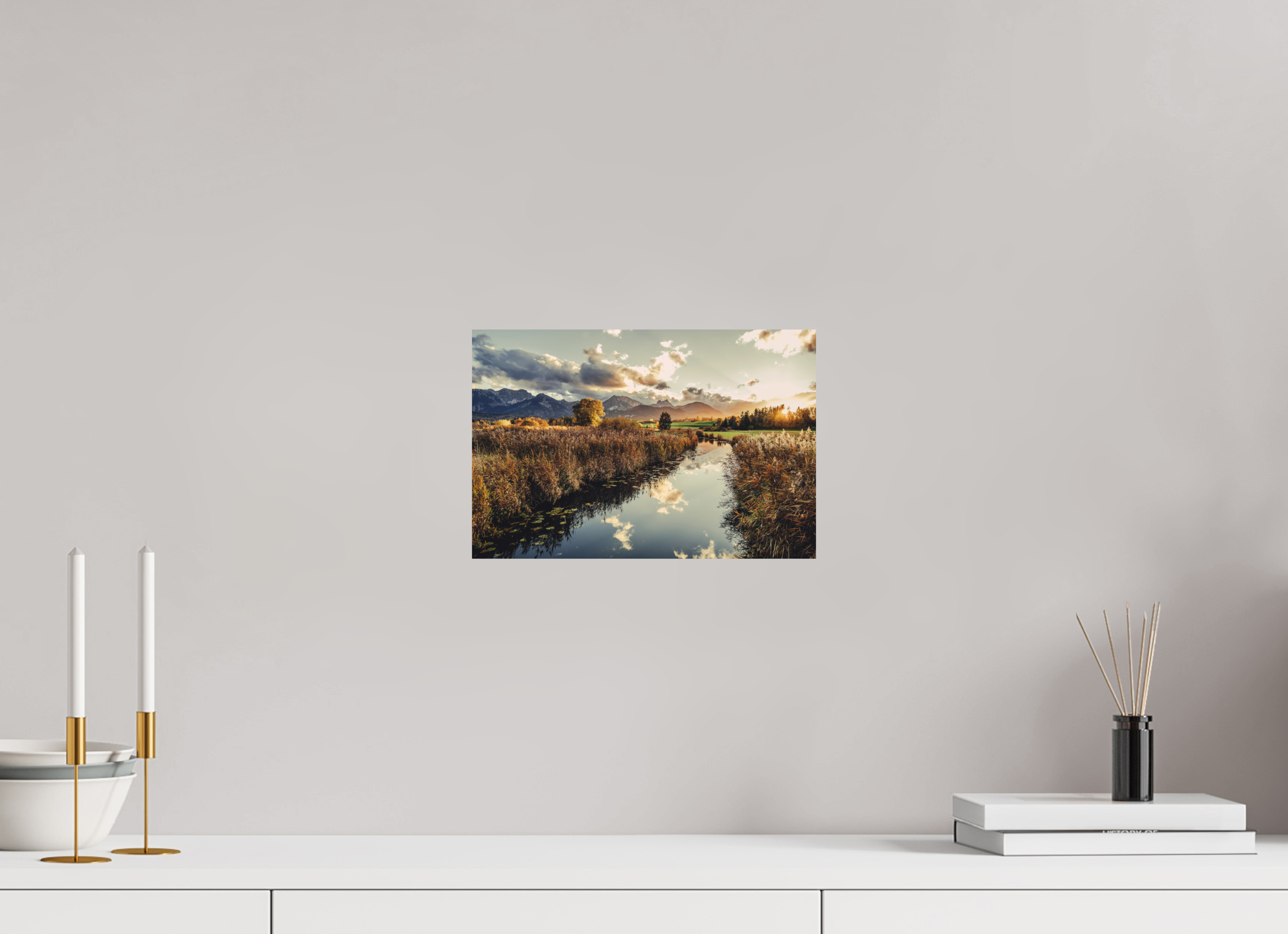 30 x 20 cm, Foto Druck auf Alu Dibond Hopfensee im Allgäu - goldener Herbst in der Abendstimmung