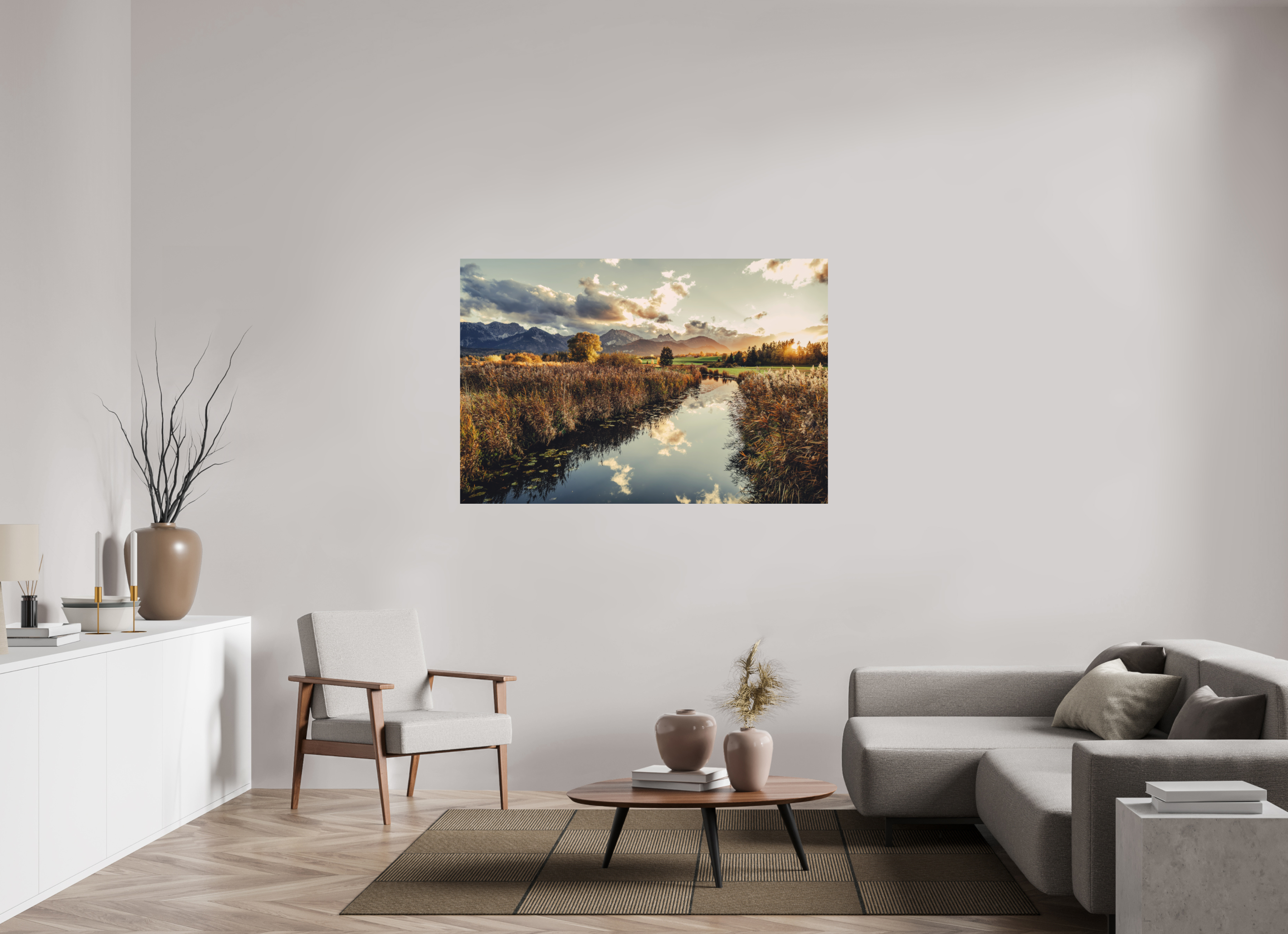 150 x 100 cm, Foto Druck auf Alu Dibond Hopfensee im Allgäu - goldener Herbst in der Abendstimmung