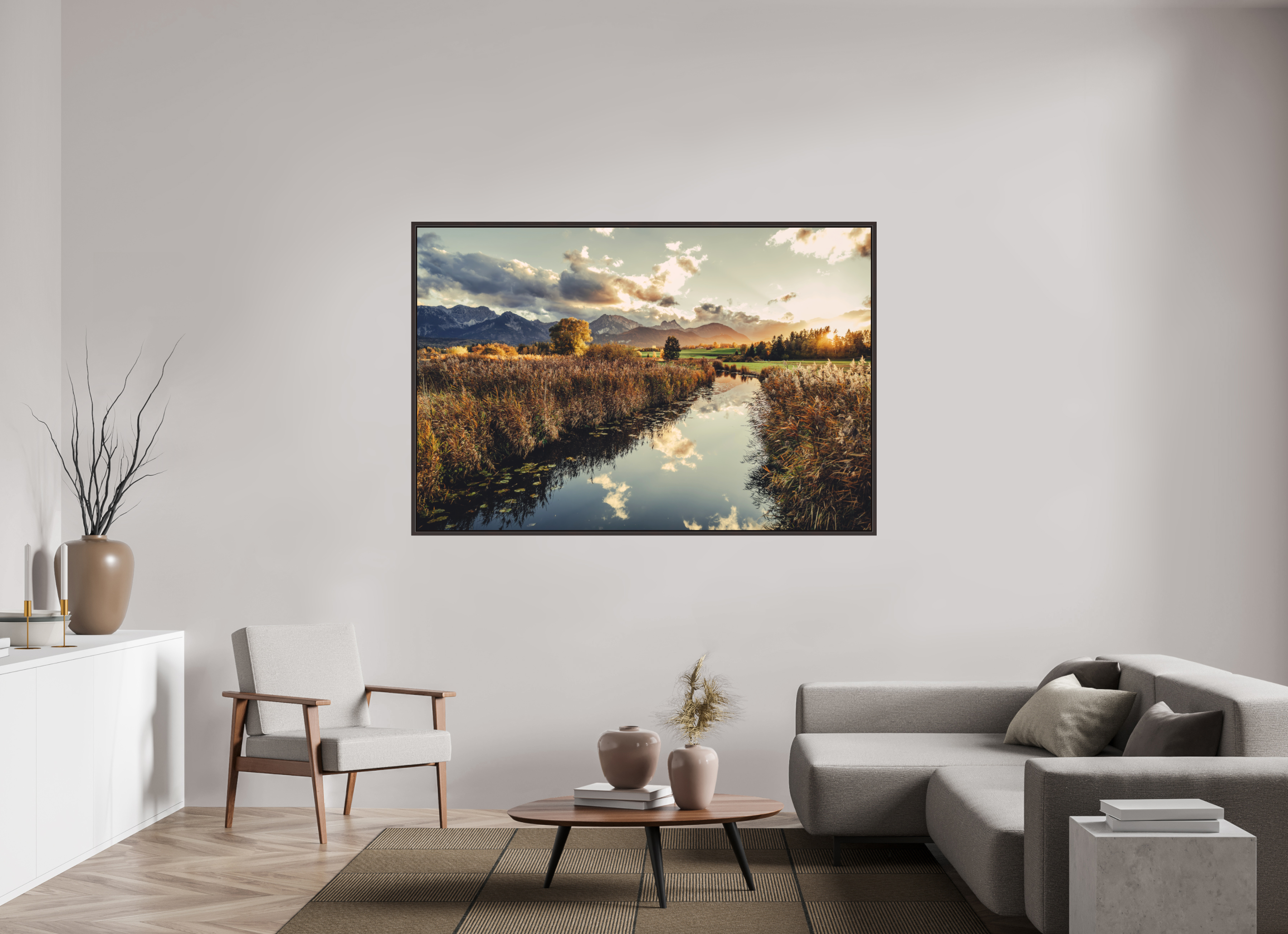 180 x 120 cm, Foto Abzug hinter Acryglas matt mit 15mm Holzrahmen, Farbe Holzrahmen: Erle, braun. Hopfensee im Allgäu - goldener Herbst in der Abendstimmung