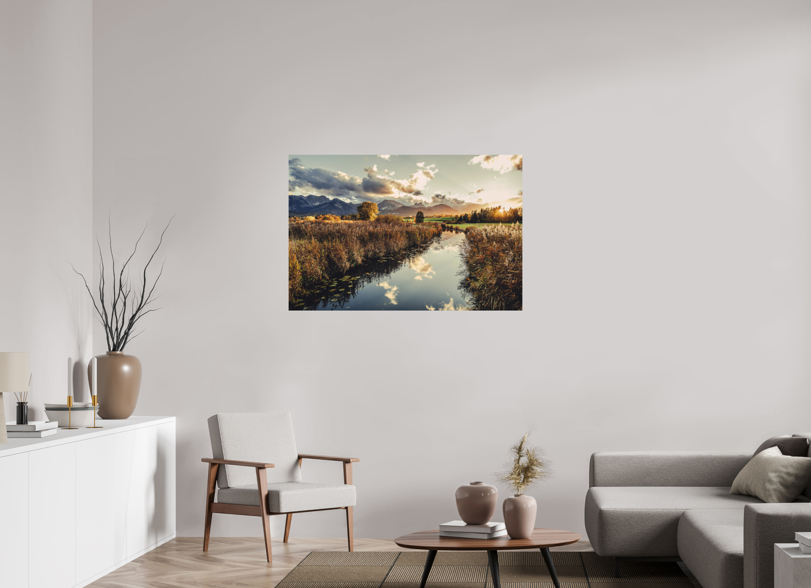 120 x 80 cm, Foto Druck auf Alu Dibond Hopfensee im Allgäu - goldener Herbst in der Abendstimmung