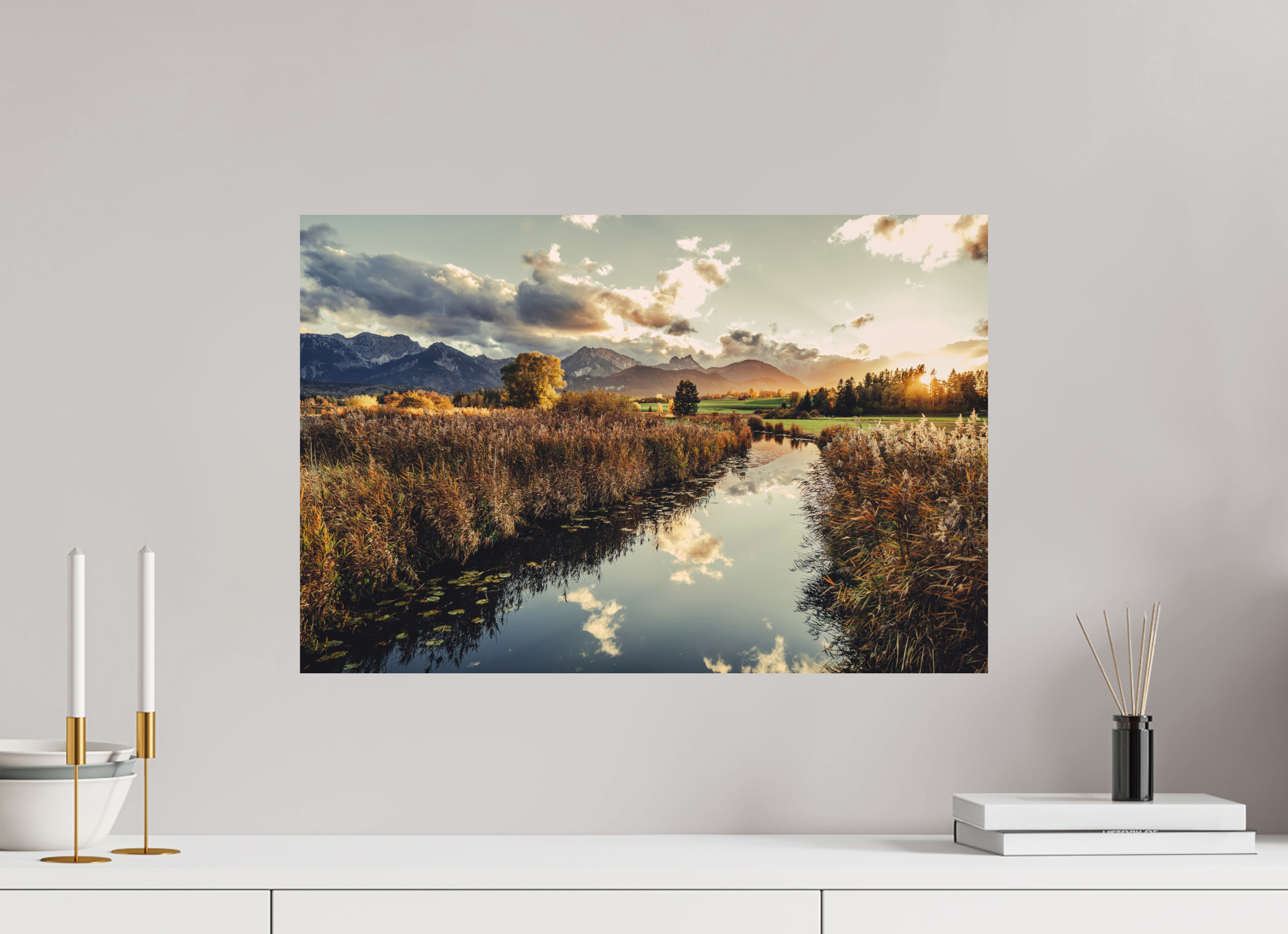 60 x 40 cm, Foto Druck auf Alu Dibond Hopfensee im Allgäu - goldener Herbst in der Abendstimmung